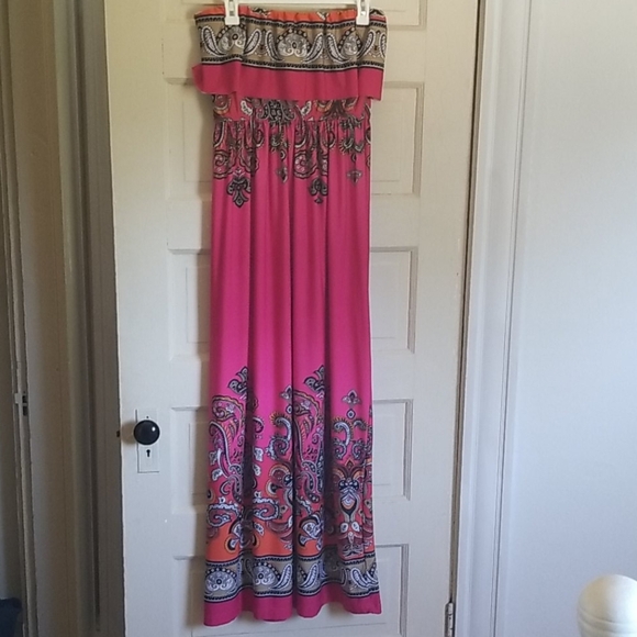 Deep pink stretchy soft maxi dress. Strapless Dress - Picture 1 of 8